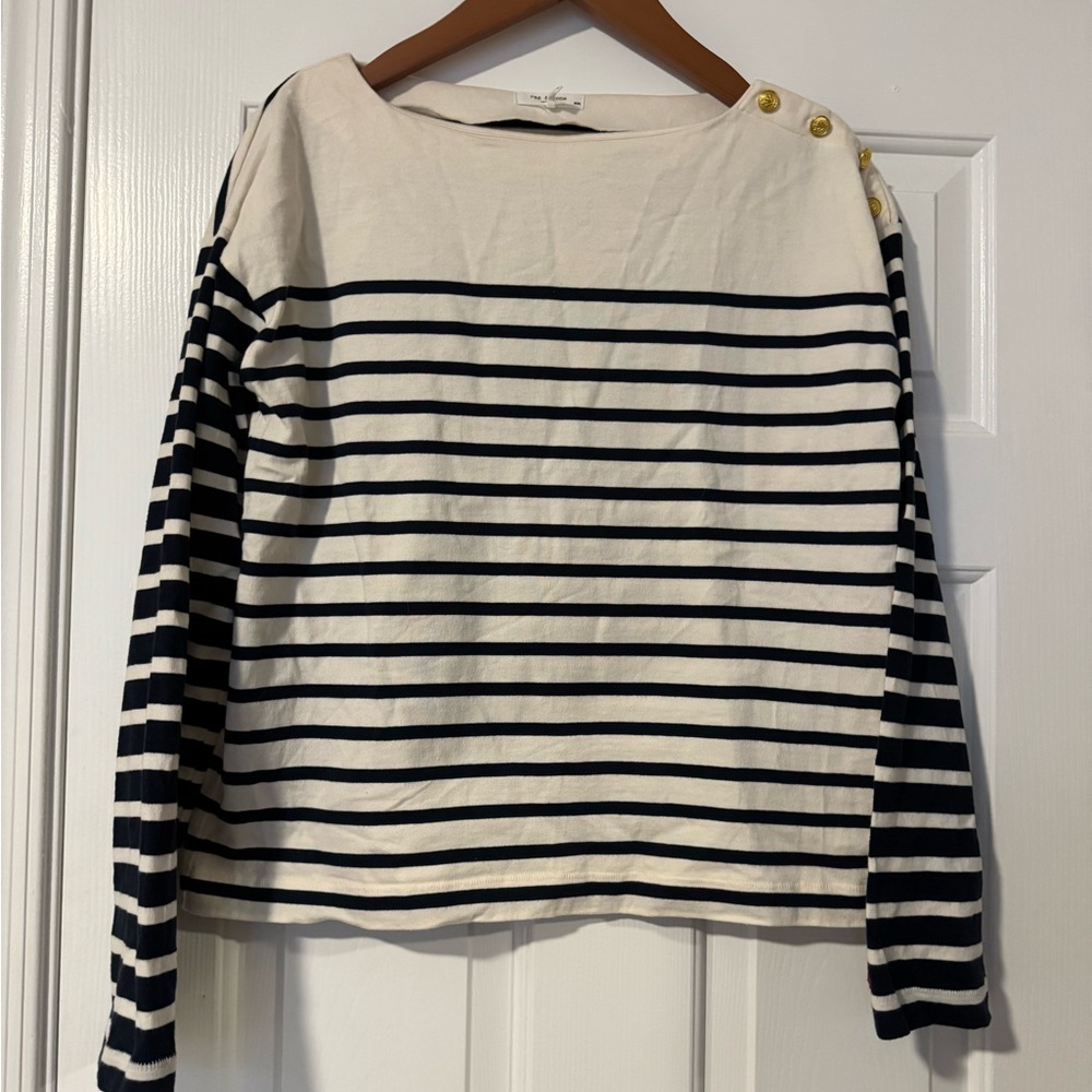 rag & bone Cream and Black Striped Boatneck Top with Shoulder Buttons